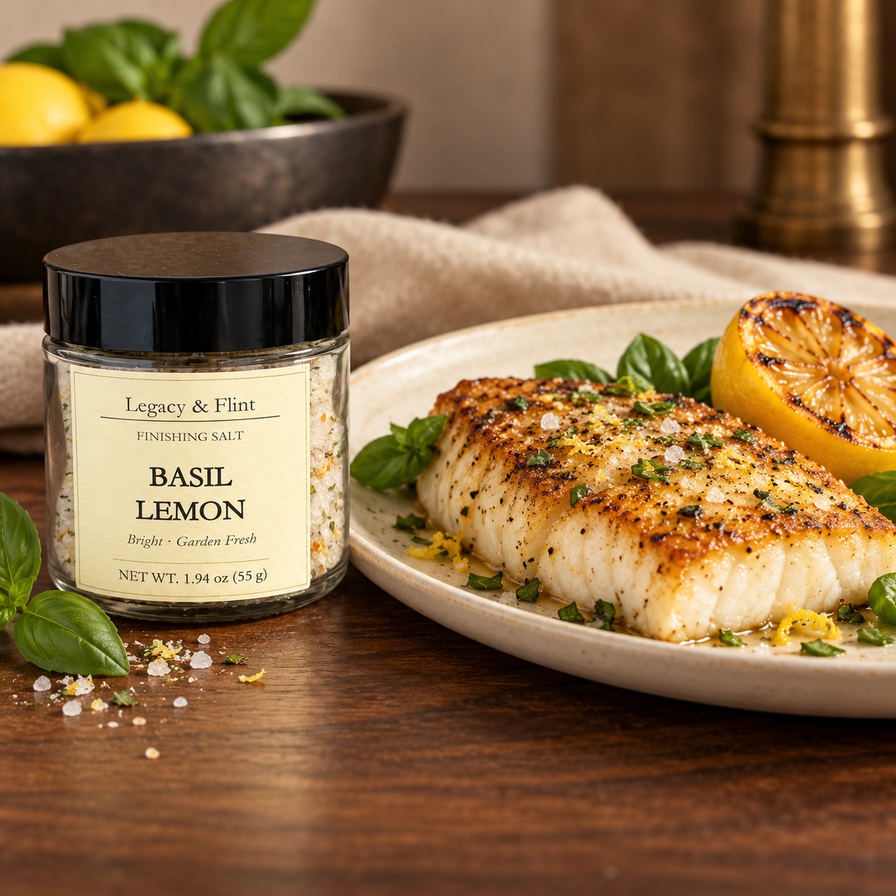 Legacy & Flint Basil Lemon finishing salt with fish, lemon, and fresh basil