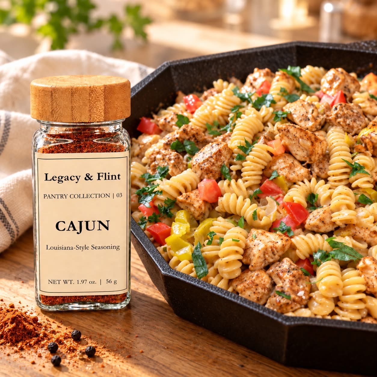 Legacy & Flint Cajun seasoning beside a skillet of creamy chicken pasta