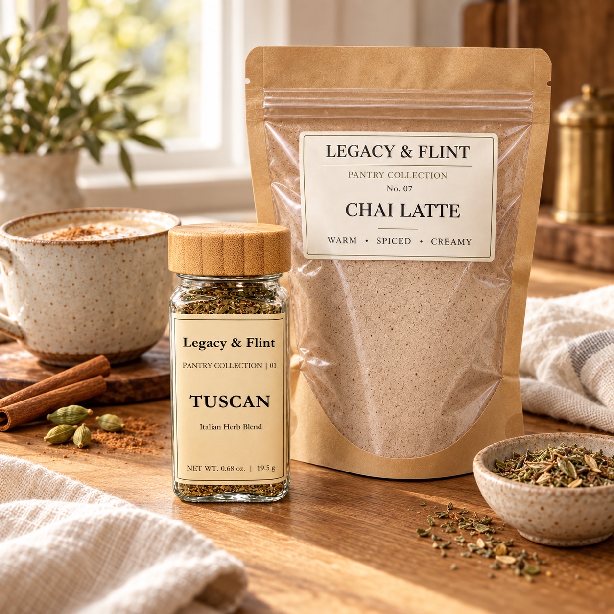 Legacy & Flint Chai Latte pouch with a warm chai mug and spices