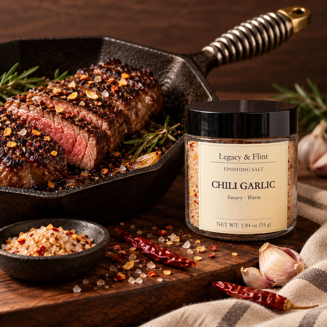 Legacy & Flint Chili Garlic finishing salt with steak and roasted garlic