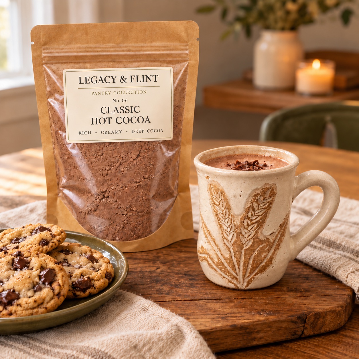 Legacy & Flint Classic Hot Cocoa pouch beside a mug of cocoa and cookies