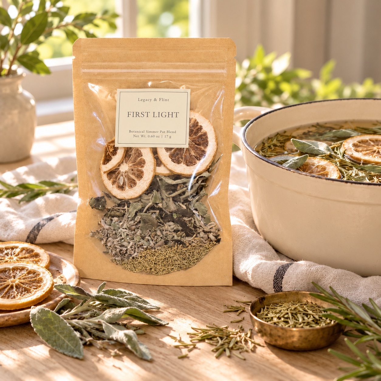 First Light simmer pot pouch beside a sunlit pot of citrus and herbs