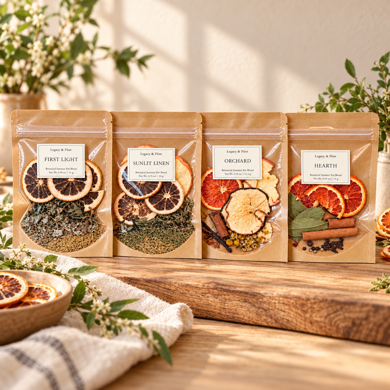 Legacy & Flint First Light, Sunlit Linen, Orchard, and Hearth simmer pot pouches with dried citrus and botanicals
