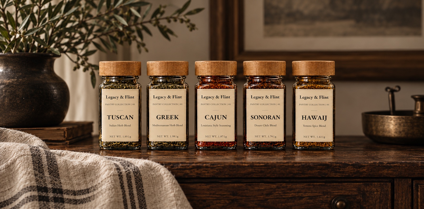 Legacy & Flint Tuscan, Greek, Cajun, Sonoran, and Hawaij seasoning jars styled in a warm Kansas setting