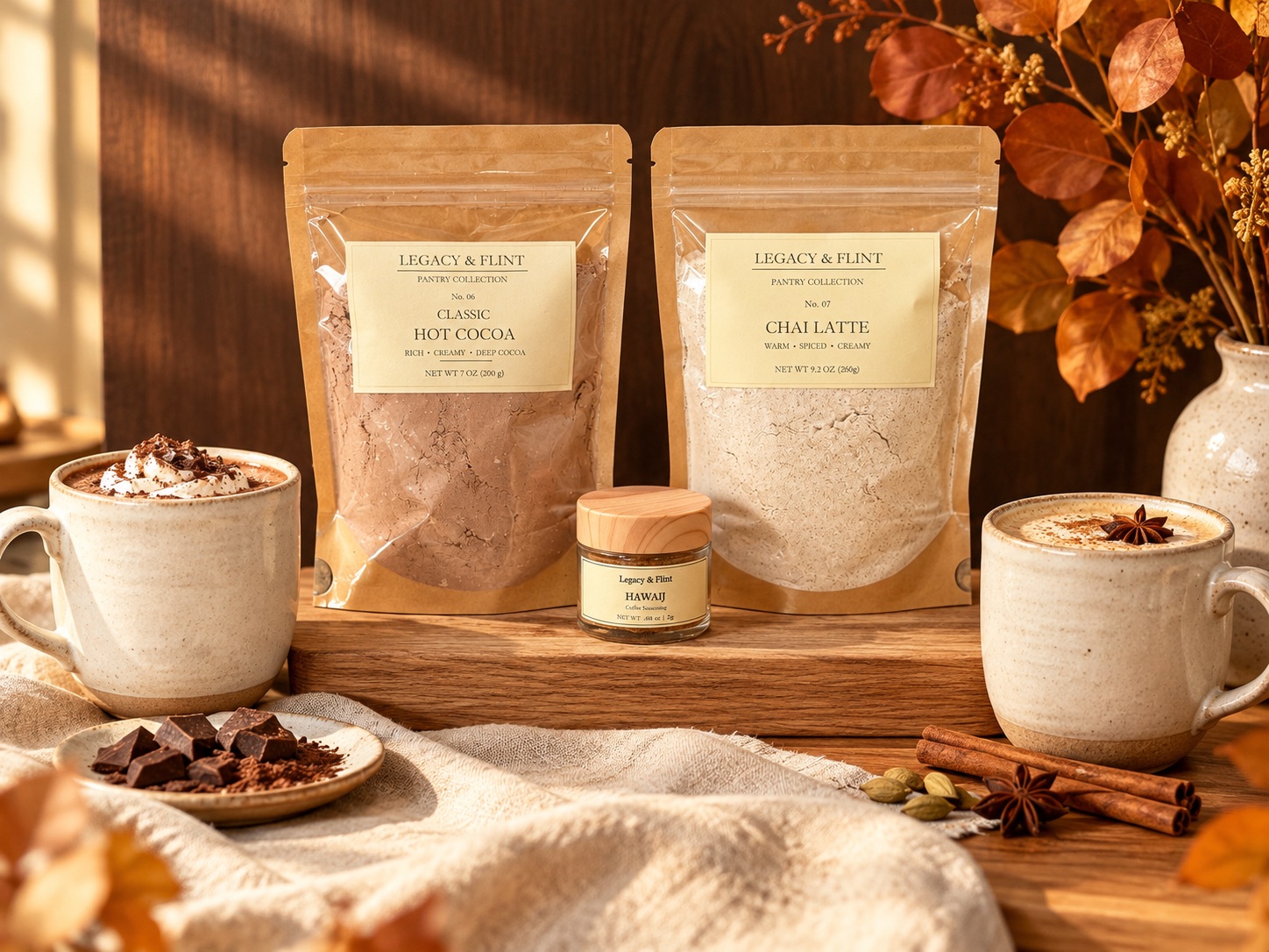 Legacy & Flint hot cocoa and chai latte pouches with mugs and Hawaij coffee spice