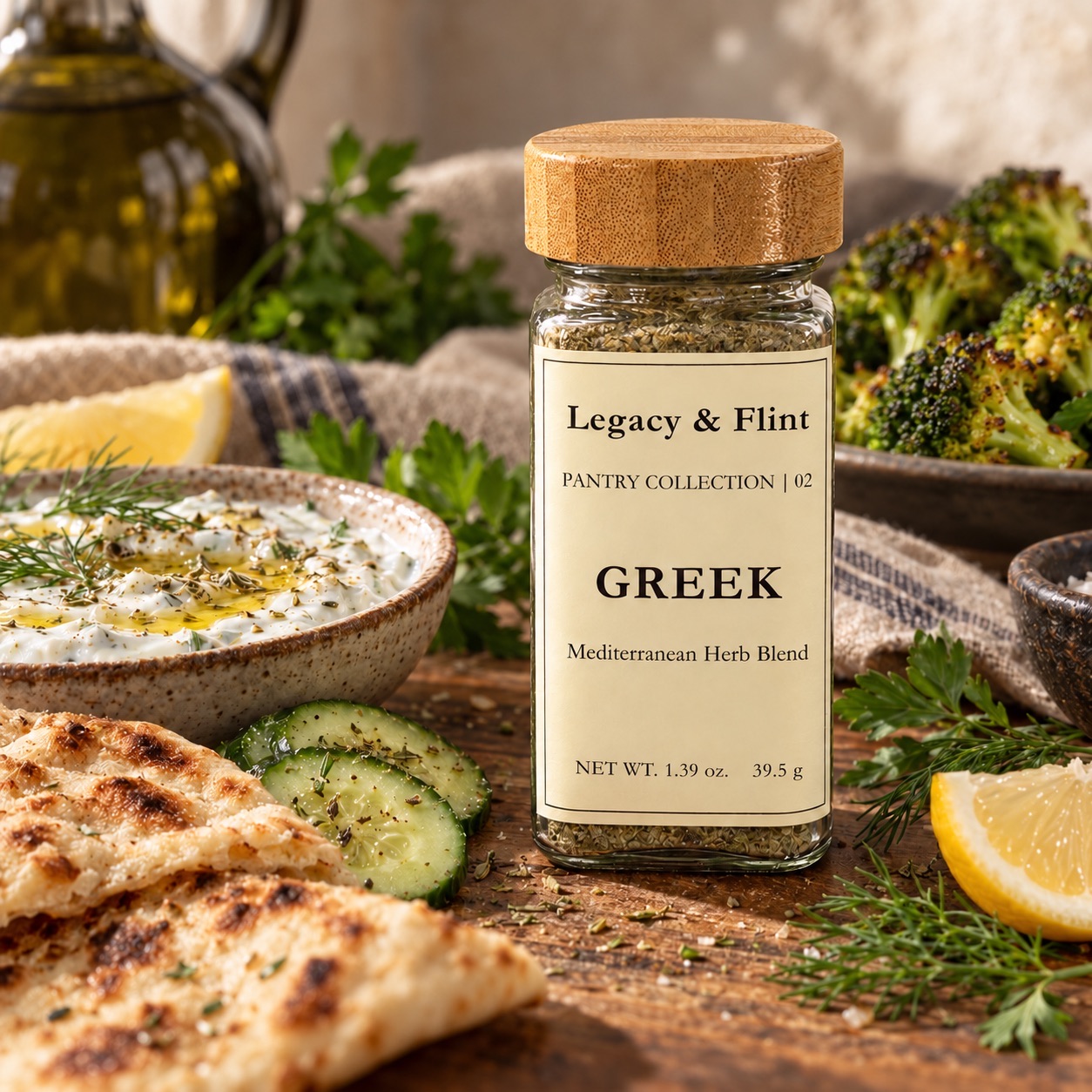 Legacy & Flint Greek seasoning with chicken and a Mediterranean yogurt dip
