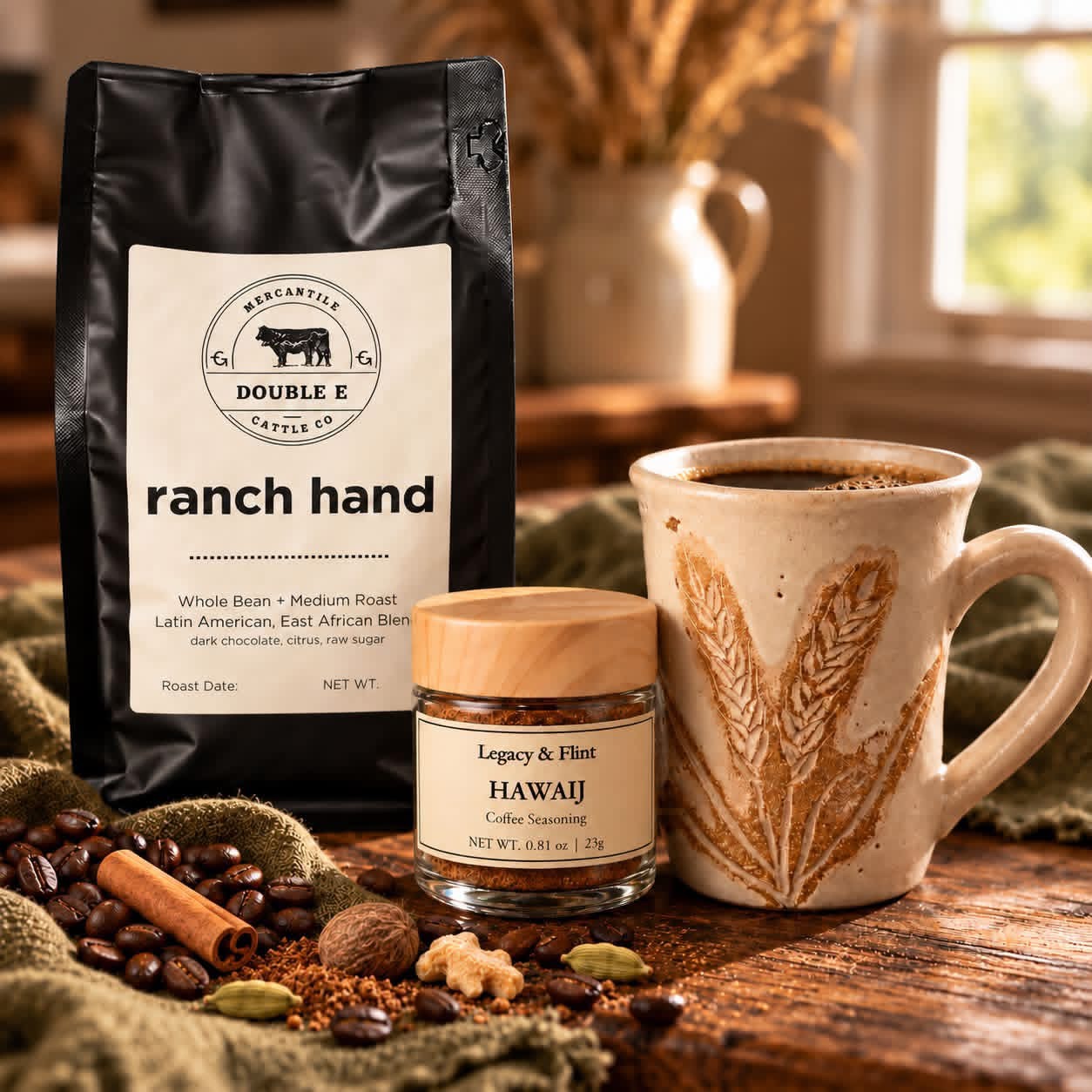 Legacy & Flint Hawaij Coffee Spice beside a mug and a black bag of Double E Ranch Hand coffee