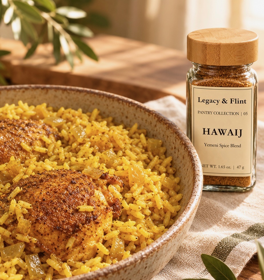 Legacy & Flint Hawaij savory seasoning with a warmly spiced rice dish