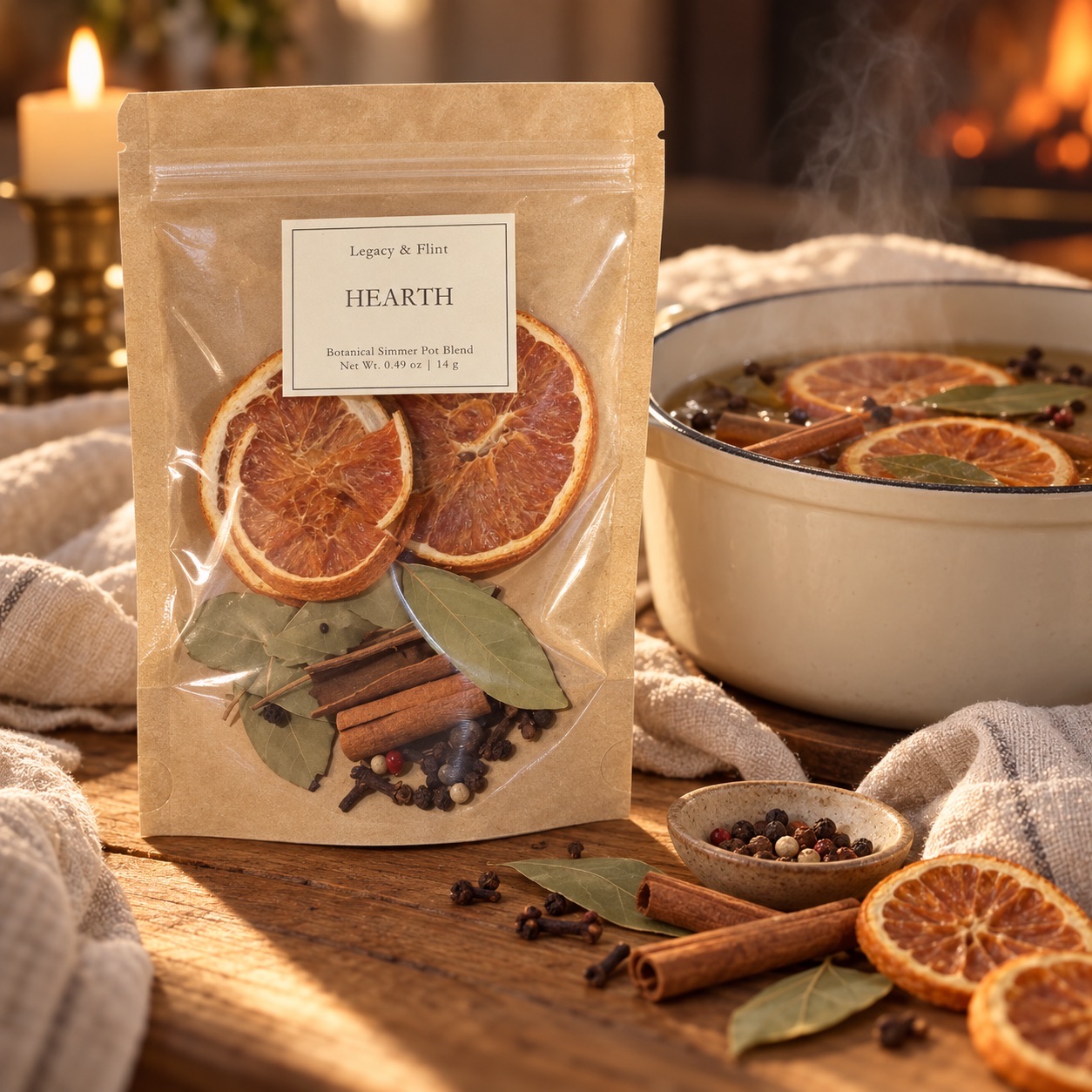 Hearth simmer pot pouch beside a candle and pot of citrus and spices