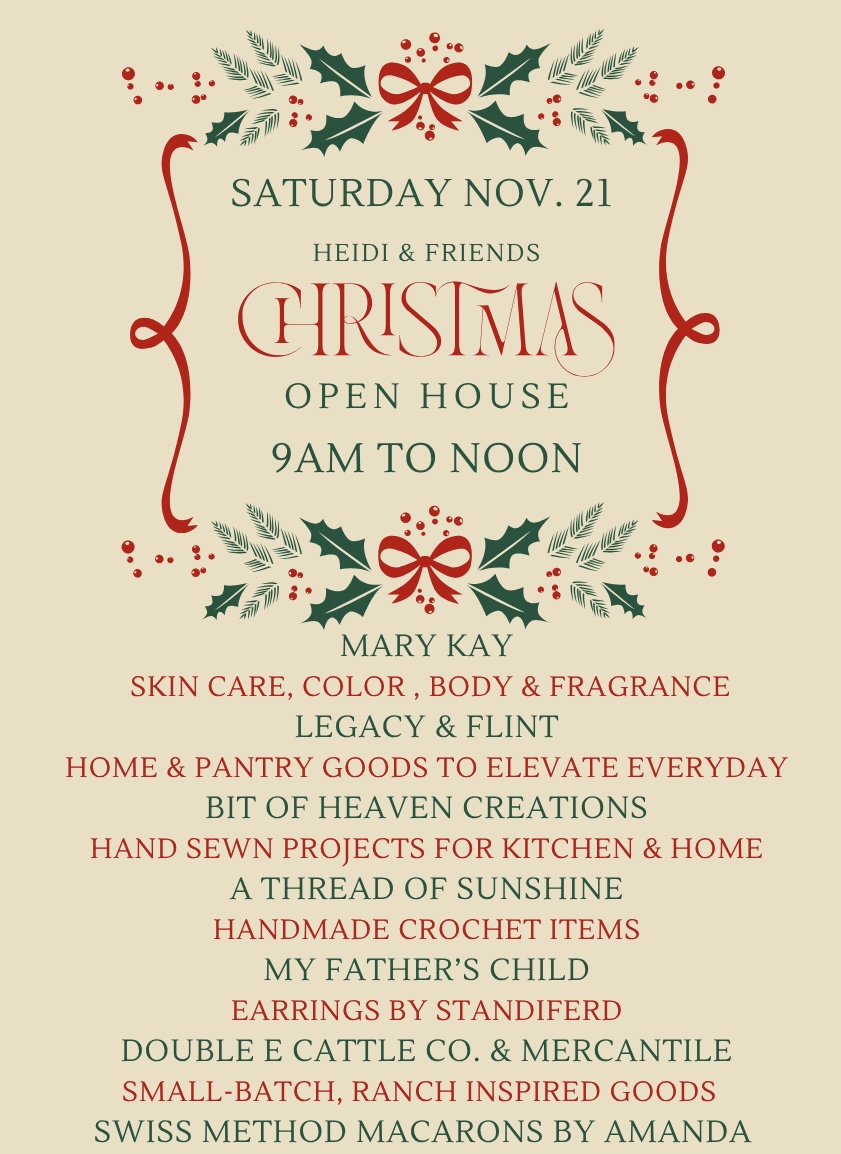 Flyer for Heidi & Friends’ Christmas Open House on November 21, 9 a.m. to noon