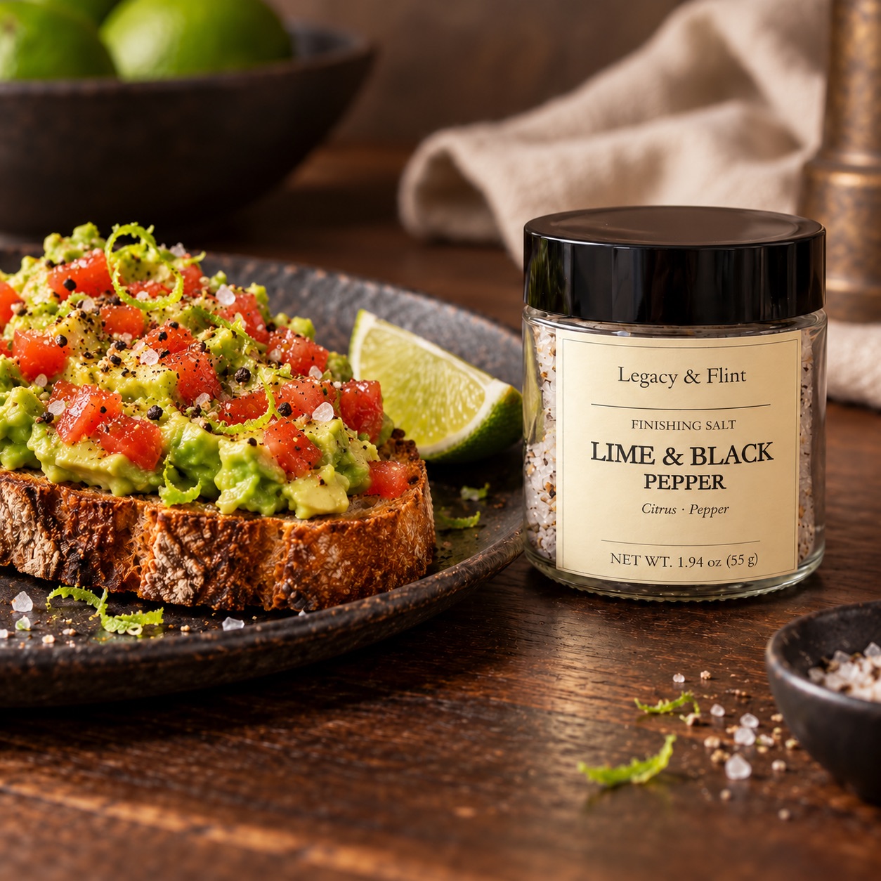 Legacy & Flint Lime & Black Pepper finishing salt with avocado toast