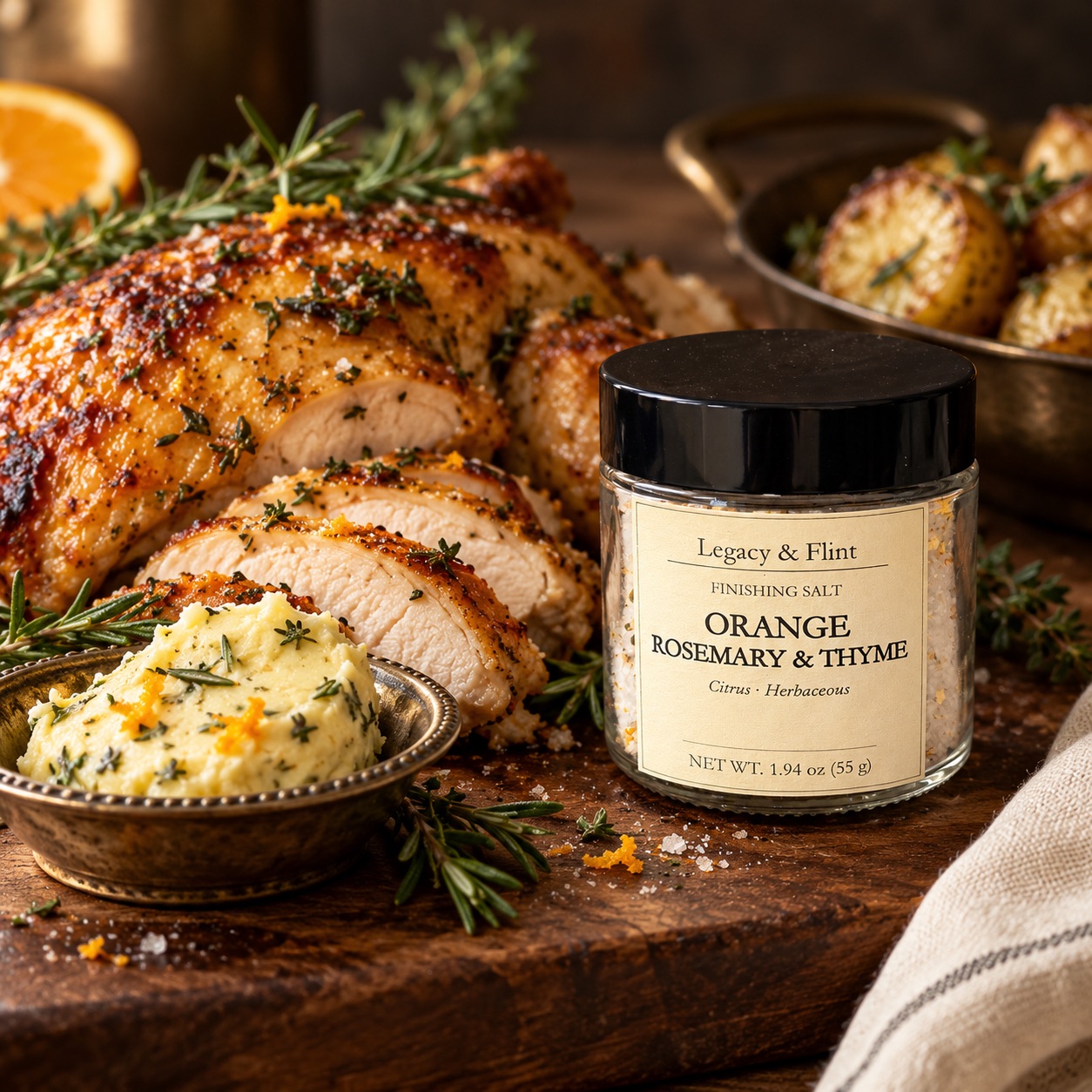 Legacy & Flint Orange Rosemary & Thyme finishing salt with roast chicken
