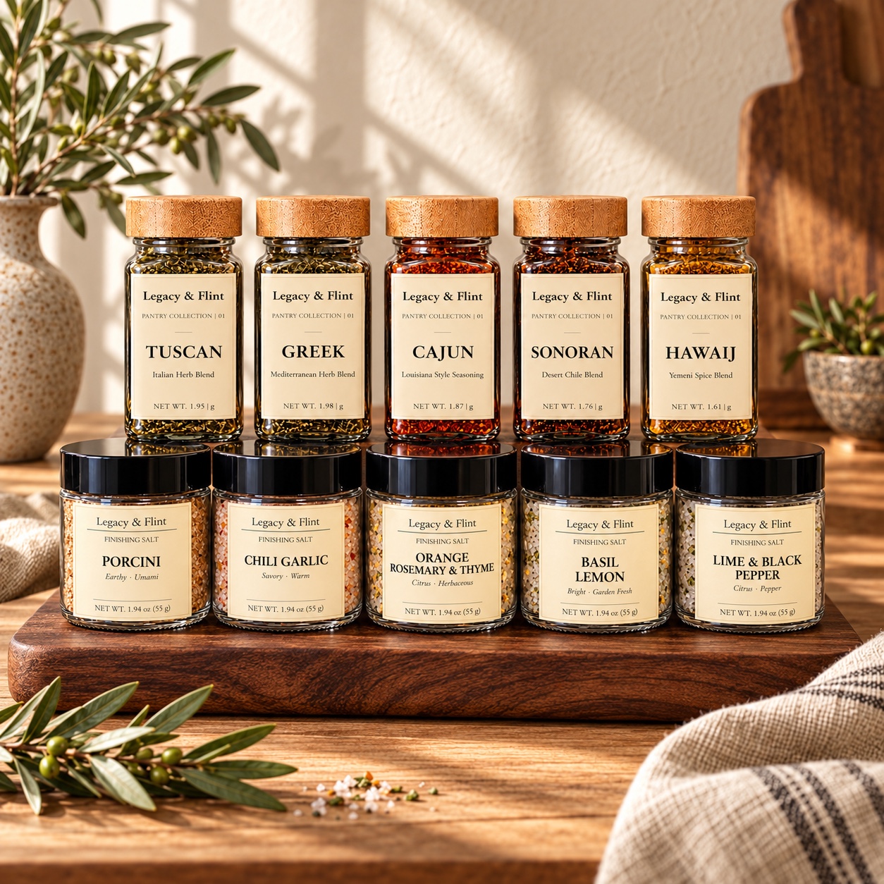 Legacy & Flint seasoning blends and finishing salts arranged together on a walnut stand