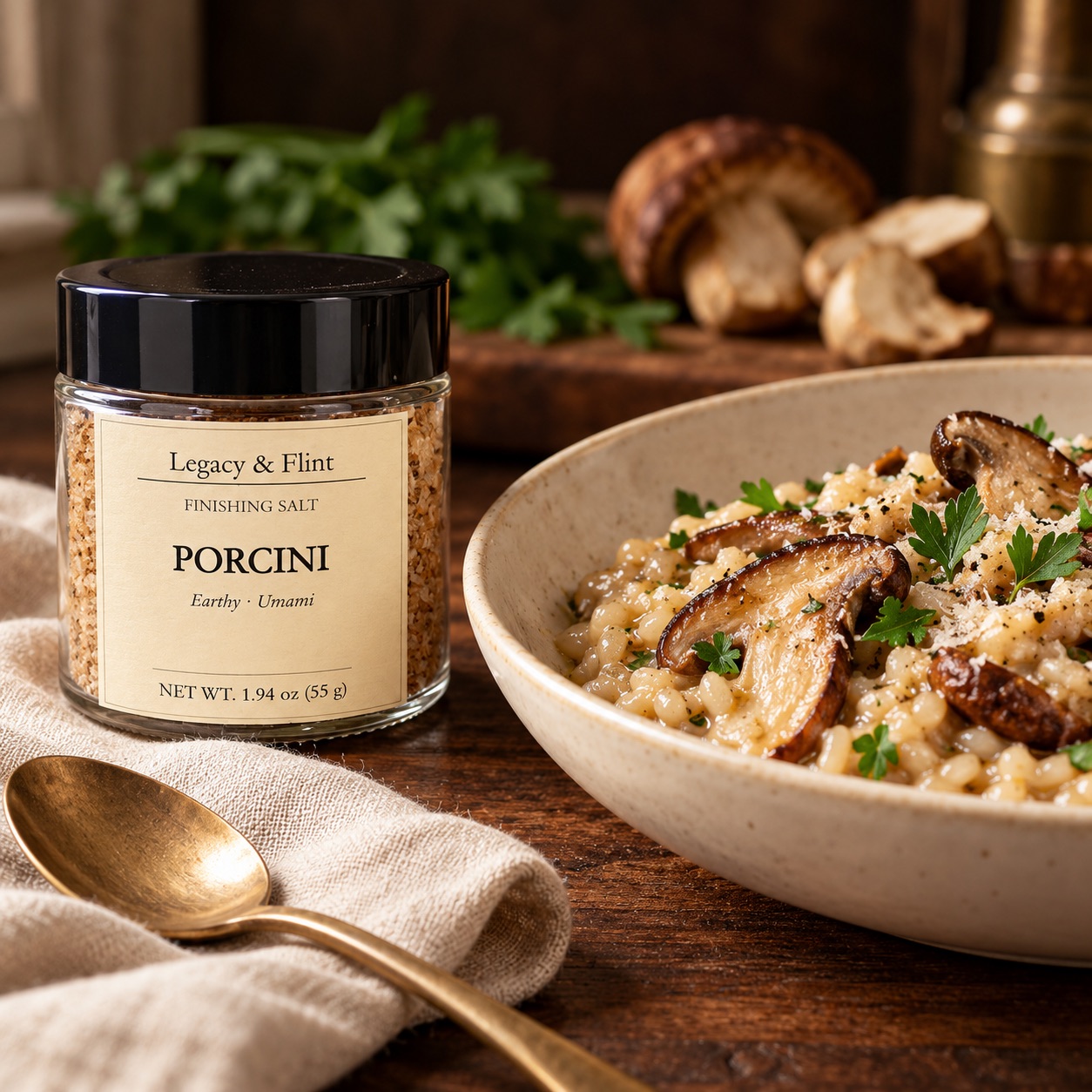 Legacy & Flint Porcini finishing salt with mushroom risotto
