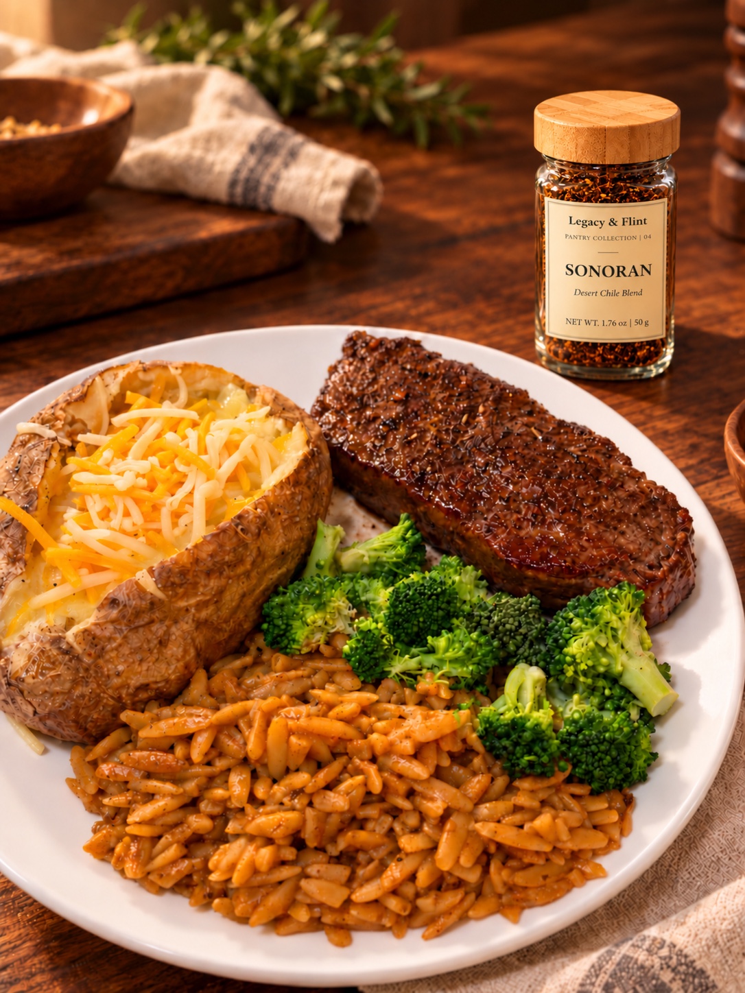 Sonoran Orzo served with steak, a baked potato, and broccoli, with a Sonoran seasoning jar behind the plate