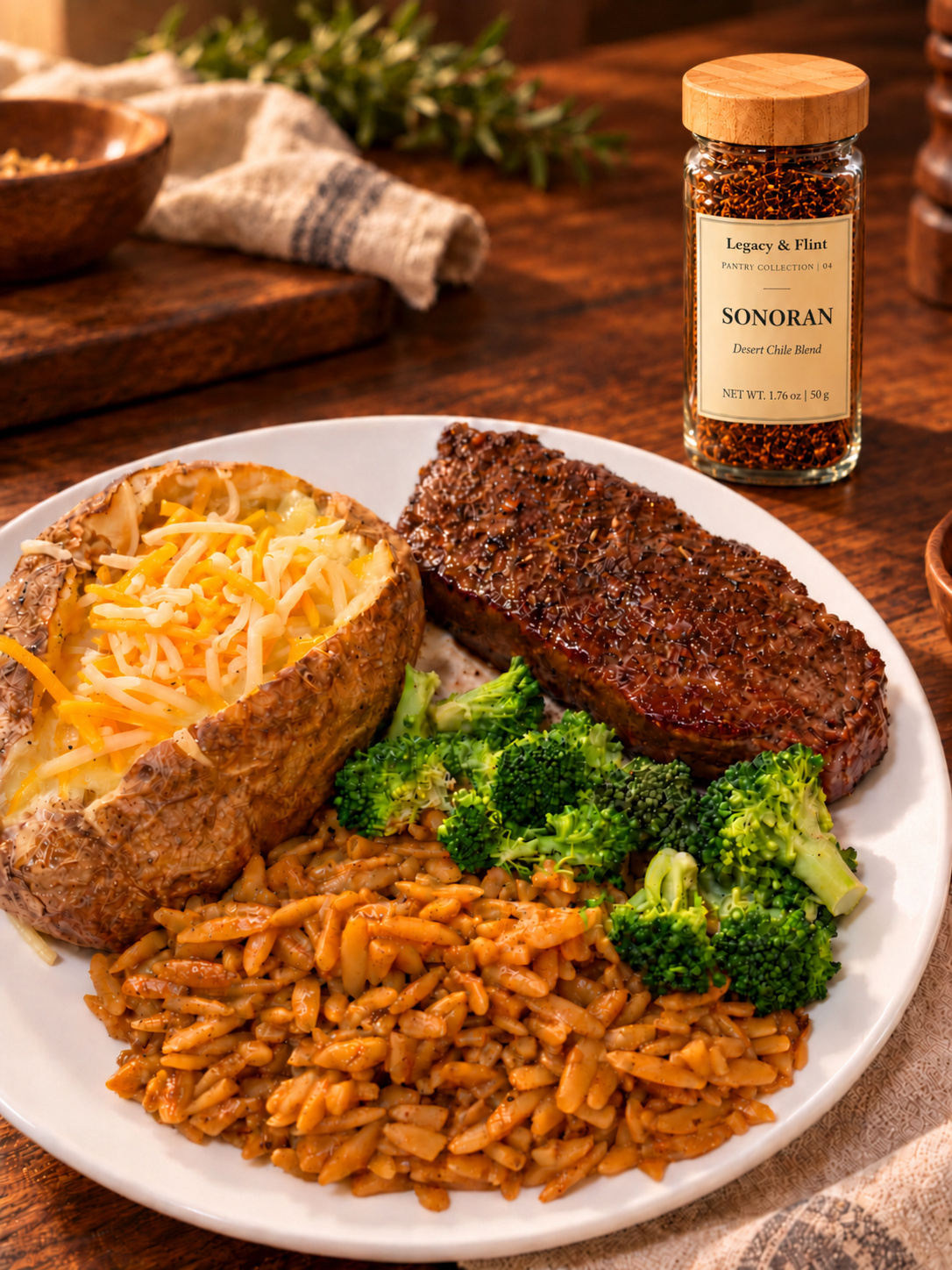 A dinner plate with Sonoran-spiced orzo and a Legacy & Flint Sonoran seasoning jar
