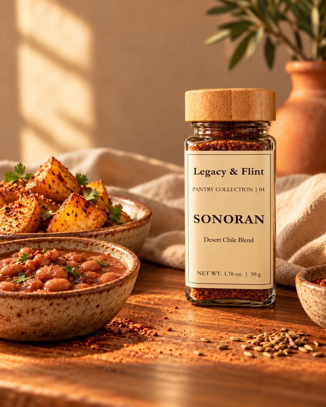 Legacy & Flint Sonoran seasoning with roasted potatoes and beans