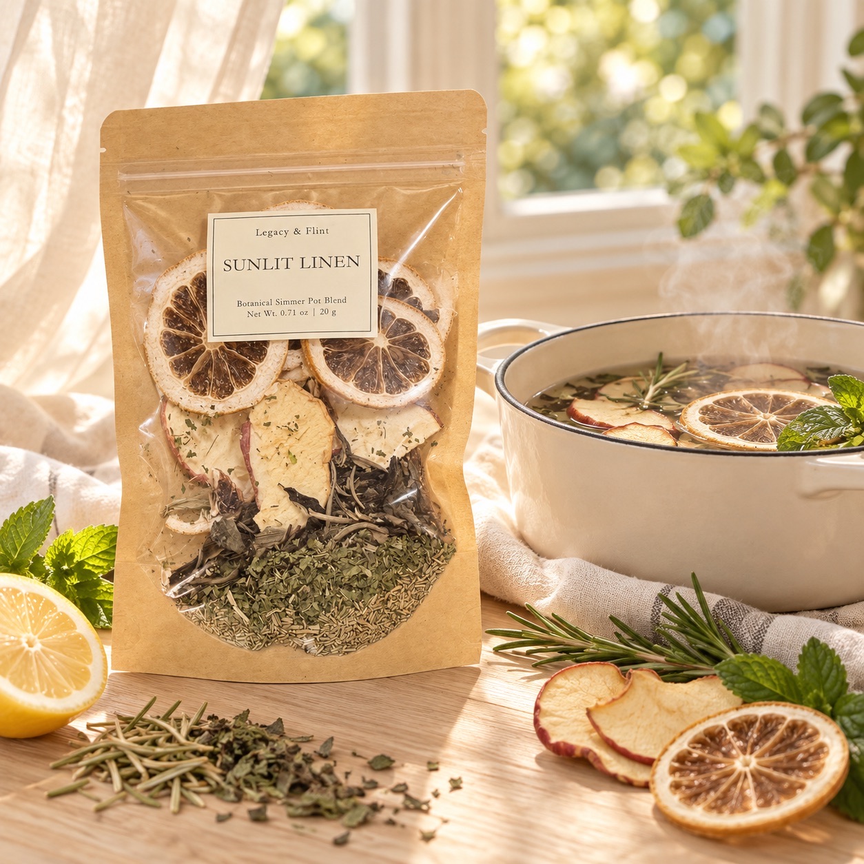 Sunlit Linen simmer pot pouch beside a pot of citrus and fresh herbs
