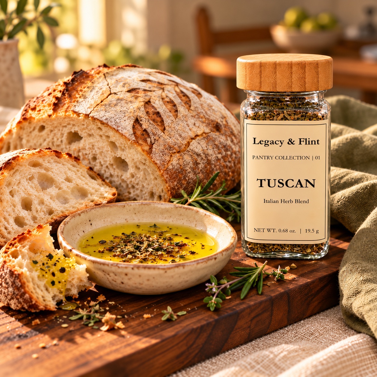 Legacy & Flint Tuscan seasoning beside bread and olive oil